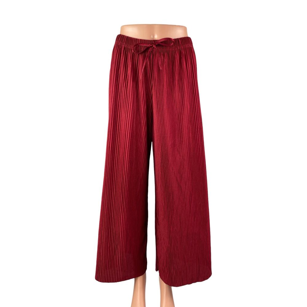 Jon & Anna Women's Red Pleated Plisse High Rise Tie Wide Leg Trousers Pants Sz L